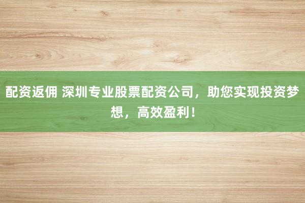 配资返佣 深圳专业股票配资公司，助您实现投资梦想，高效盈利！